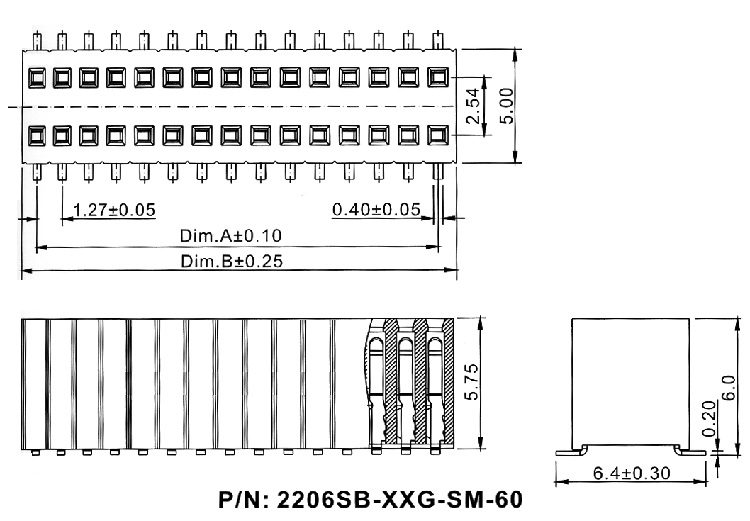2206SB-XXG-SM-60 серия, розетки прямые двухрядные на плату для поверхностного (SMD) монтажа, шаг 1,27 x 2,54 мм, Соединители плата/плата (разъемы межплатные), штыревые линейки и гнезда для них > 1,27 x 2,54