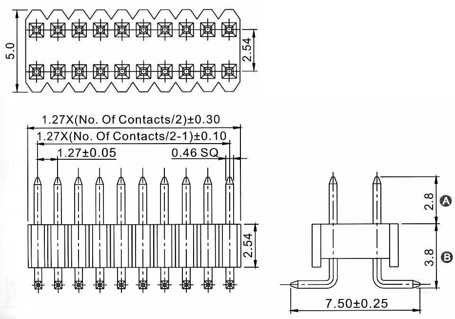 2206PB-XXG-SM-XXXX серия, вилки открытые прямые однорядные для поверхностного (SMD) монтажа на плату, шаг 1,27 мм, Соединители плата/плата (разъемы межплатные), штыревые линейки и гнезда для них > шаг 1,27 мм