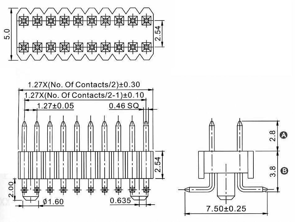 2206PB-XXG-SM-XXXX-PG серия, вилки открытые прямые однорядные для поверхностного (SMD) монтажа с направляющими на плату, шаг 1,27 мм, Соединители плата/плата (разъемы межплатные), штыревые линейки и гнезда для них > шаг 1,27 мм