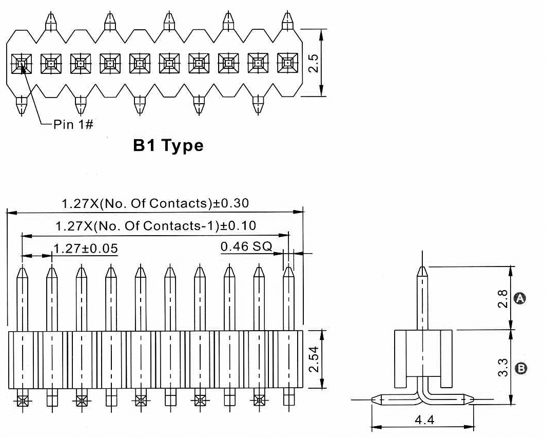 2206PA-XXG-SM-B1-XXXX (PLL1.27–XXS) серия, вилки открытые прямые однорядные для поверхностного (SMD) монтажа на плату, шаг 1,27 мм, Соединители плата/плата (разъемы межплатные), штыревые линейки и гнезда для них > шаг 1,27 мм