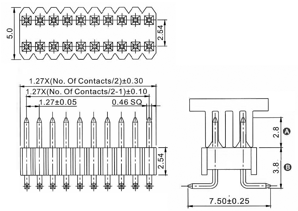 2206PB-XXG-SM-XXXX-CP серия, вилки открытые прямые однорядные для поверхностного (SMD) монтажа на плату с монтажной крышкой, шаг 1,27 мм, Соединители плата/плата (разъемы межплатные), штыревые линейки и гнезда для них > шаг 1,27 мм