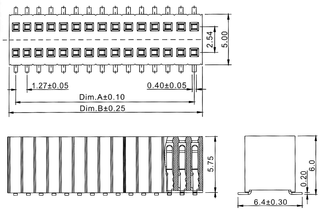 2206SB-XXXG-SM-60 серия, гнезда прямые двухрядные на плату для поверхностного (SMD) монтажа на плату, шаг 1,27x2,54 мм, Соединители плата/плата (разъемы межплатные), штыревые линейки и гнезда для них > шаг 1,27x2,54 мм