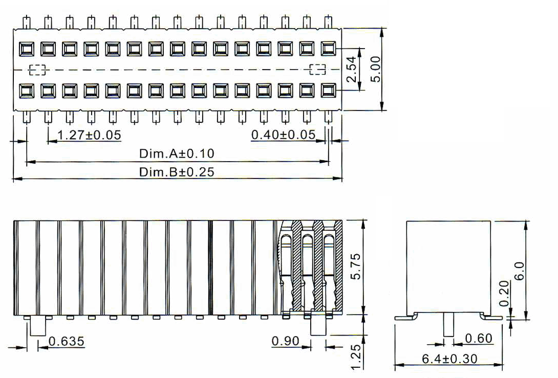 2206SB-XXXG-SM-60-PG серия, гнезда прямые двухрядные на плату для поверхностного (SMD) монтажа на плату с направляющими на плату, шаг 1,27x2,54 мм, Соединители плата/плата (разъемы межплатные), штыревые линейки и гнезда для них > шаг 1,27x2,54 мм