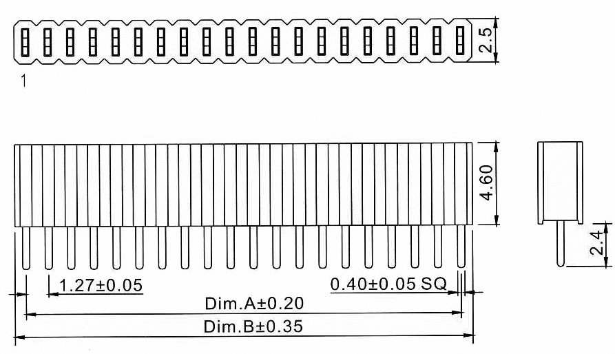 2206SA-XXG-46 (PBS1.27-XX) серия, гнезда прямые однорядные на плату для монтажа в отверстия, шаг 1,27 мм, Соединители плата/плата (разъемы межплатные), штыревые линейки и гнезда для них > шаг 1,27 мм