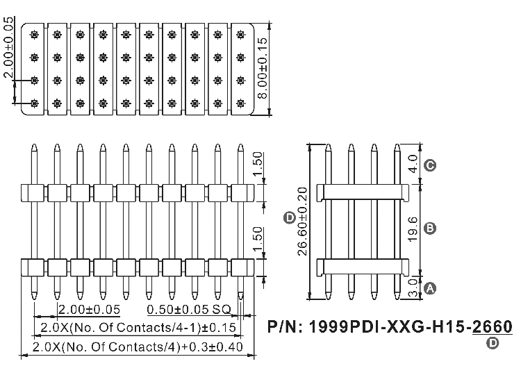 1999PDI-XXXG-H15-2660 серия, вилки штыревые открытые прямые с двойным изолятором четырехрядные на плату для монтажа в отверстия, шаг 2,0x2,0 мм, Соединители штыревые открытые плата/плата (межплатные штыревые линейки) и гнезда для них > шаг 2,0x2,0 мм