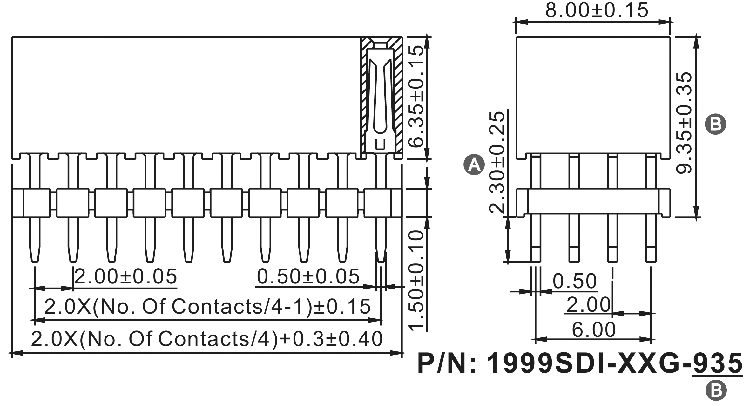 1999SDI-XXXG-935 серия, розетки прямые четырехрядные на плату для монтажа в отверстия, шаг 2,0x2,0 мм, Соединители штыревые открытые плата/плата (межплатные штыревые линейки) и гнезда для них > шаг 2,0x2,0 мм
