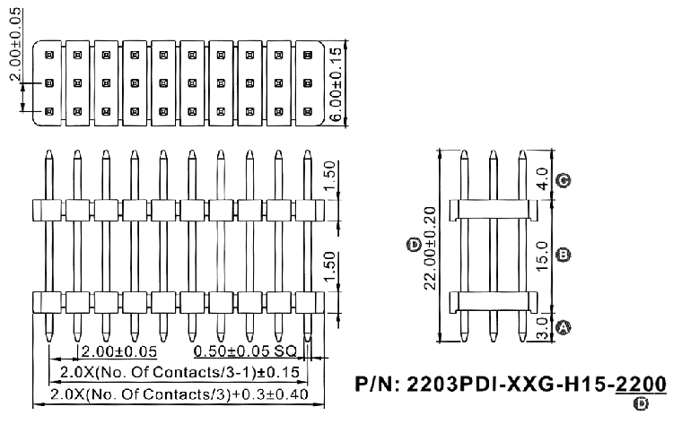 2203PDI-XXG-H15-2200 серия, вилки штыревые открытые прямые трехрядные с двойным изолятором на плату для монтажа в отверстия, шаг 2,0x2,0 мм, Соединители штыревые открытые плата/плата (межплатные штыревые линейки) и гнезда для них > шаг 2,0x2,0 мм