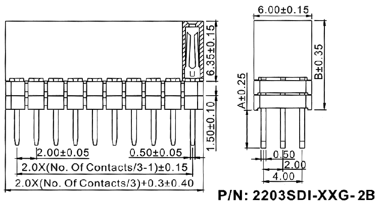 2203SDI-XXXG-2B серия, розетки прямые трехрядные с увеличенным изолятором на плату для монтажа в отверстия, шаг 2,0x2,0 мм, Соединители штыревые открытые плата/плата (межплатные штыревые линейки) и гнезда для них > шаг 2,0x2,0 мм