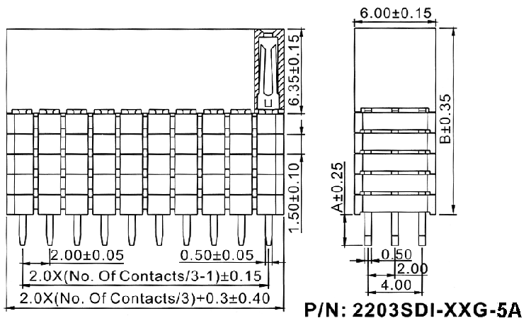 2203SDI-XXXG-5A серия, розетки прямые трехрядные с увеличенным изолятором на плату для монтажа в отверстия, шаг 2,0x2,0 мм, Соединители штыревые открытые плата/плата (межплатные штыревые линейки) и гнезда для них > шаг 2,0x2,0 мм