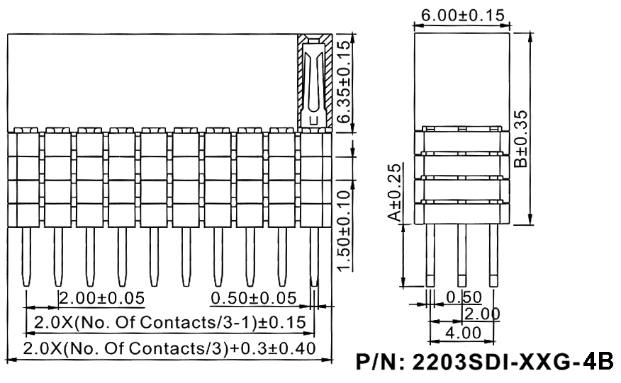 2203SDI-XXXG-4B серия, розетки прямые трехрядные с увеличенным изолятором на плату для монтажа в отверстия, шаг 2,0x2,0 мм, Соединители штыревые открытые плата/плата (межплатные штыревые линейки) и гнезда для них > шаг 2,0x2,0 мм
