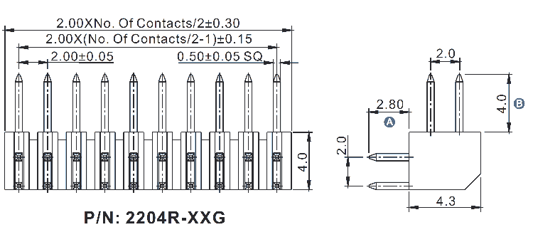 2204R-XXG-XXXX серия, вилки штыревые открытые угловые двухрядные на плату с увеличенным изолятором для монтажа в отверстия, шаг 2,0x2,0 мм, Соединители штыревые открытые плата/плата (межплатные штыревые линейки) и гнезда для них > шаг 2,0x2,0 мм