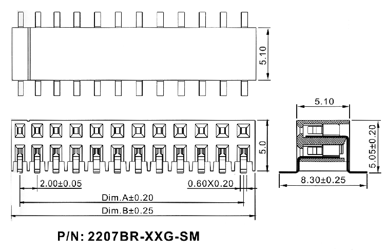 2207BR-XXG-SM серия, розетки прямые двухрядные с боковым входом на плату для поверхностного (SMD) монтажа, шаг 2,0x2,0 мм, Соединители штыревые открытые плата/плата (межплатные штыревые линейки) и гнезда для них > шаг 2,0x2,0 мм