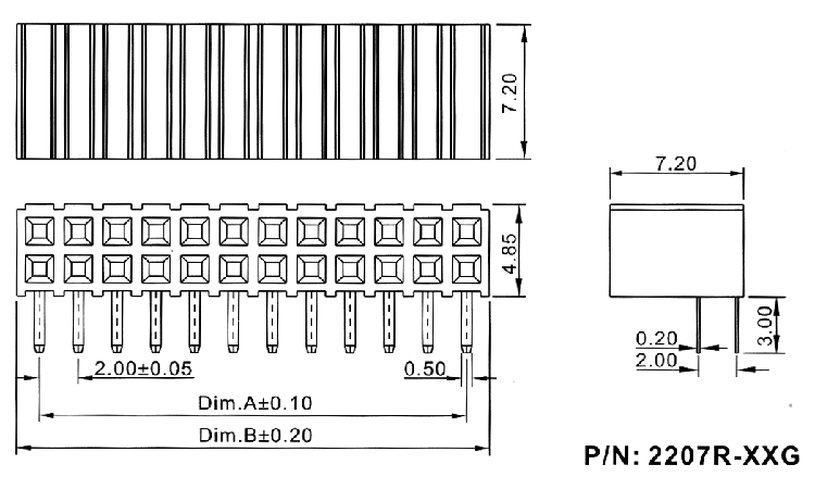2207R-XXG (PBD2-XXR) серия, розетки угловые двухрядные на плату для монтажа в отверстия, шаг 2,0x2,0 мм, Соединители штыревые открытые плата/плата (межплатные штыревые линейки) и гнезда для них > шаг 2,0x2,0 мм