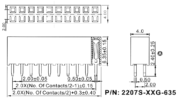 2207S-XXG-635 серия, розетки прямые двухрядные на плату для монтажа в отверстия, шаг 2,0x2,0 мм, Соединители штыревые открытые плата/плата (межплатные штыревые линейки) и гнезда для них > шаг 2,0x2,0 мм