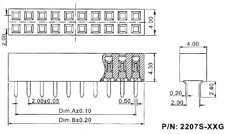 2207S-XXG (PBD2-XX) серия, розетки прямые двухрядные на плату для монтажа в отверстия, шаг 2,0x2,0 мм, Соединители штыревые открытые плата/плата (межплатные штыревые линейки) и гнезда для них > шаг 2,0x2,0 мм