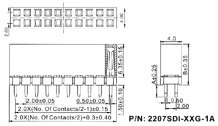 2207SDI-XXG-1A серия, розетки прямые двухрядные с увеличенным изолятором на плату для монтажа в отверстия, шаг 2,0x2,0 мм, Соединители штыревые открытые плата/плата (межплатные штыревые линейки) и гнезда для них > шаг 2,0x2,0 мм