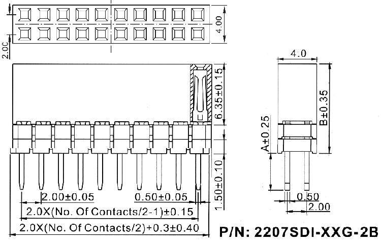2207SDI-XXG-2B серия, розетки прямые двухрядные с увеличенным изолятором на плату для монтажа в отверстия, шаг 2,0x2,0 мм, Соединители штыревые открытые плата/плата (межплатные штыревые линейки) и гнезда для них > шаг 2,0x2,0 мм
