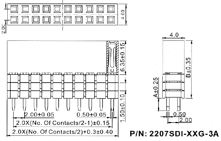 2207SDI-XXG-3A серия, розетки прямые двухрядные с увеличенным изолятором на плату для монтажа в отверстия, шаг 2,0x2,0 мм, Соединители штыревые открытые плата/плата (межплатные штыревые линейки) и гнезда для них > шаг 2,0x2,0 мм