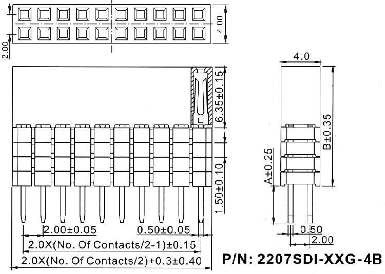 2207SDI-XXG-4B серия, розетки прямые двухрядные с увеличенным изолятором на плату для монтажа в отверстия, шаг 2,0x2,0 мм, Соединители штыревые открытые плата/плата (межплатные штыревые линейки) и гнезда для них > шаг 2,0x2,0 мм