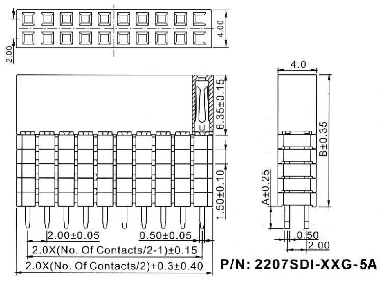 2207SDI-XXG-5A серия, розетки прямые двухрядные с увеличенным изолятором на плату для монтажа в отверстия, шаг 2,0x2,0 мм, Соединители штыревые открытые плата/плата (межплатные штыревые линейки) и гнезда для них > шаг 2,0x2,0 мм