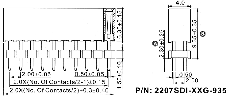 2207SDI-XXG-935 серия, розетки прямые двухрядные с увеличенным изолятором на плату для монтажа в отверстия, шаг 2,0x2,0 мм, Соединители штыревые открытые плата/плата (межплатные штыревые линейки) и гнезда для них > шаг 2,0x2,0 мм