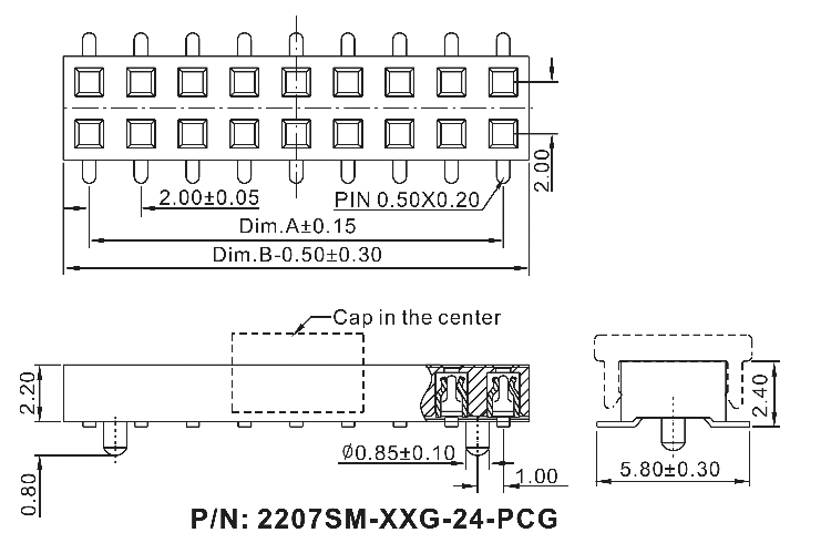 2207SM-XXG-24-PCG серия, розетки прямые двухрядные с направляющими на плату для поверхностного (SMD) монтажа, шаг 2,0x2,0 мм, Соединители штыревые открытые плата/плата (межплатные штыревые линейки) и гнезда для них > шаг 2,0x2,0 мм