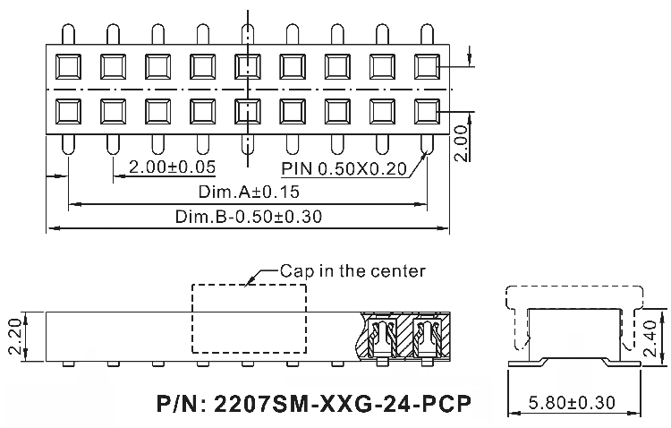 2207SM-XXG-24-PCP серия, розетки прямые двухрядные с направляющими на плату для поверхностного (SMD) монтажа, шаг 2,0x2,0 мм, Соединители штыревые открытые плата/плата (межплатные штыревые линейки) и гнезда для них > шаг 2,0x2,0 мм