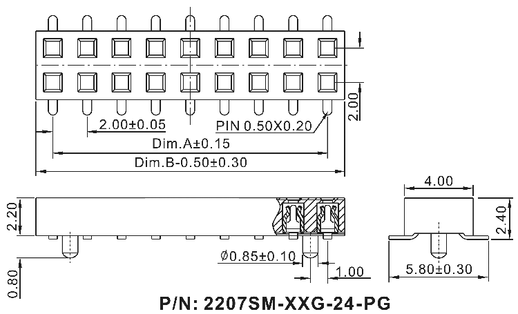 2207SM-XXG-24-PG серия, розетки прямые двухрядные с направляющими на плату для поверхностного (SMD) монтажа, шаг 2,0x2,0 мм, Соединители штыревые открытые плата/плата (межплатные штыревые линейки) и гнезда для них > шаг 2,0x2,0 мм