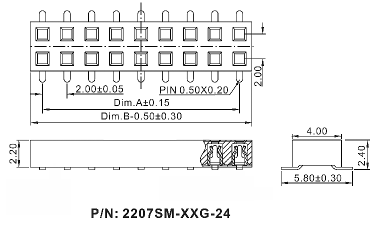 2207SM-XXG-24 серия, розетки прямые двухрядные с направляющими на плату для поверхностного (SMD) монтажа, шаг 2,0x2,0 мм, Соединители штыревые открытые плата/плата (межплатные штыревые линейки) и гнезда для них > шаг 2,0x2,0 мм