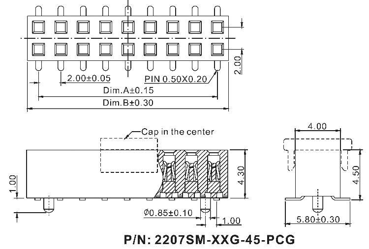 2207SM-XXG-45-PCG серия, розетки прямые двухрядные с направляющими на плату для поверхностного (SMD) монтажа, шаг 2,0x2,0 мм, Соединители штыревые открытые плата/плата (межплатные штыревые линейки) и гнезда для них > шаг 2,0x2,0 мм