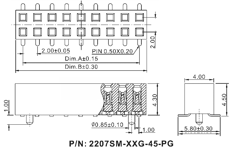 2207SM-XXG-45-PG серия, розетки прямые двухрядные с направляющими на плату для поверхностного (SMD) монтажа, шаг 2,0x2,0 мм, Соединители штыревые открытые плата/плата (межплатные штыревые линейки) и гнезда для них > шаг 2,0x2,0 мм