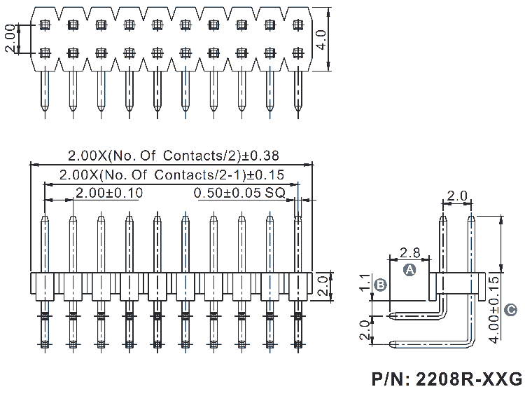 2208R-XXG-XXXXXX (PLD2-xxR) серия, вилки штыревые открытые угловые двухрядные на плату для монтажа в отверстия, шаг 2,0x2,0 мм, Соединители штыревые открытые плата/плата (межплатные штыревые линейки) и гнезда для них > шаг 2,0x2,0 мм