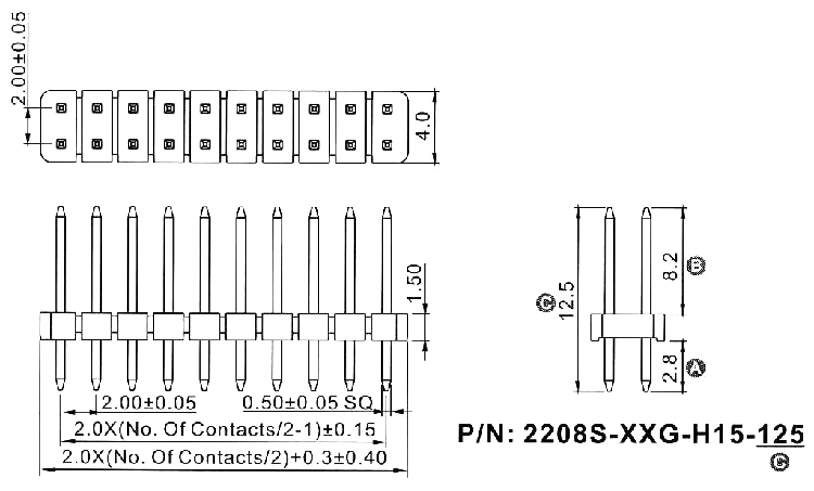 2208S-XXG-H15-125 серия, вилки штыревые открытые прямые двухрядные на плату для монтажа в отверстия, шаг 2,0x2,0 мм, Соединители штыревые открытые плата/плата (межплатные штыревые линейки) и гнезда для них > шаг 2,0x2,0 мм