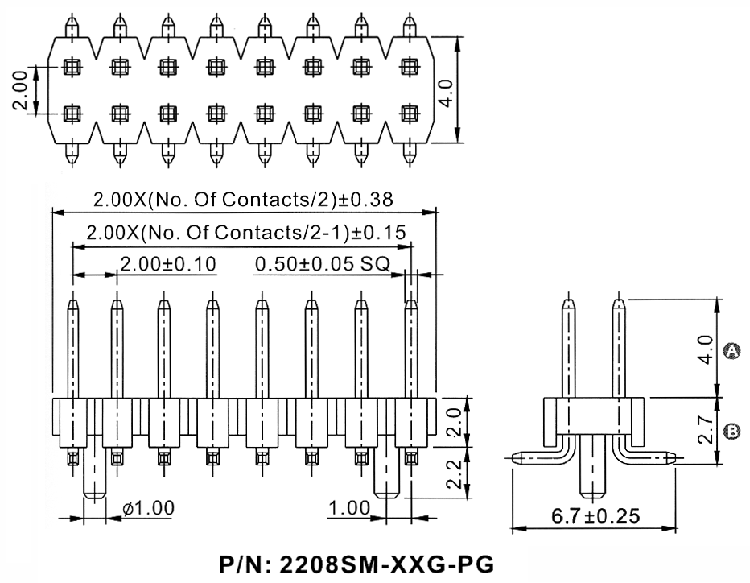 2208SM-XXG-XXXX-PG серия, вилки штыревые открытые прямые двухрядные с направляющими на плату для поверхностного (SMD) монтажа, шаг 2,0x2,0 мм, Соединители штыревые открытые плата/плата (межплатные штыревые линейки) и гнезда для них > шаг 2,0x2,0 мм