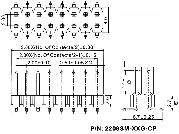 2208SM-XXG-XXXX-CP серия, вилки штыревые открытые прямые двухрядные на плату для поверхностного (SMD) монтажа с крышкой для автоматического захвата, шаг 2,0x2,0 мм, Соединители штыревые открытые плата/плата (межплатные штыревые линейки) и гнезда для них > шаг 2,0x2,0 мм