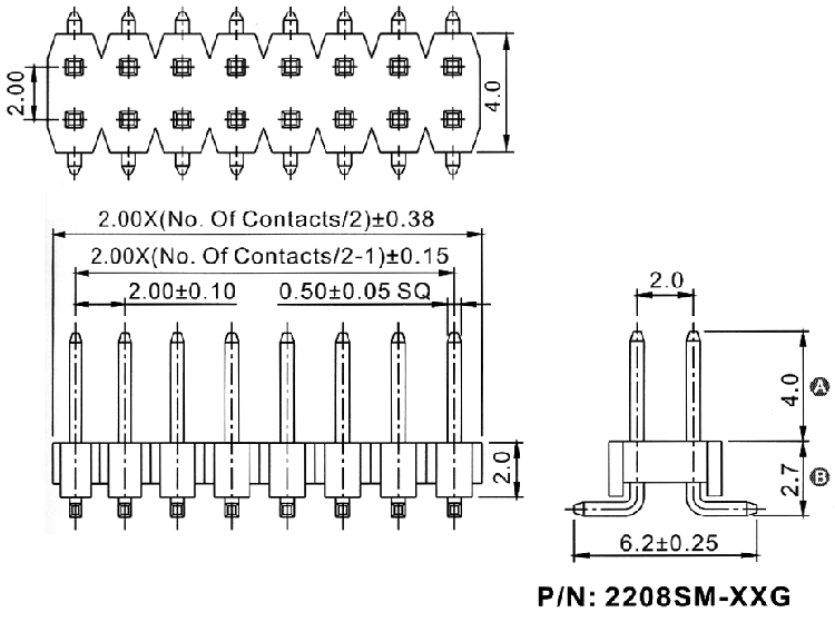 2208SM-XXG-XXXX (PLD2-xxSMD) серия, вилки штыревые открытые прямые двухрядные на плату для поверхностного (SMD) монтажа, шаг 2,0x2,0 мм, Соединители штыревые открытые плата/плата (межплатные штыревые линейки) и гнезда для них > шаг 2,0x2,0 мм