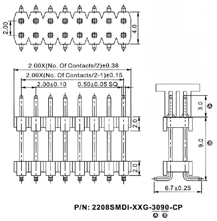 2208SMDI-XXG-XXXX-CP серия, вилки штыревые открытые прямые двухрядные с двойным изолятором на плату для поверхностного (SMD) монтажа с крышкой для автоматического захвата, шаг 2,0x2,0 мм, Соединители штыревые открытые плата/плата (межплатные штыревые линейки) и гнезда для них > шаг 2,0x2,0 мм