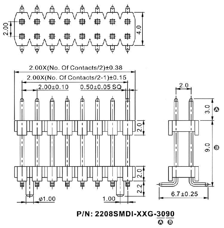 2208SMDI-XXG-XXXX (PLHD2-xxSMD) серия, вилки штыревые открытые прямые двухрядные с двойным изолятором на плату для поверхностного (SMD) монтажа, шаг 2,0x2,0 мм, Соединители штыревые открытые плата/плата (межплатные штыревые линейки) и гнезда для них > шаг 2,0x2,0 мм