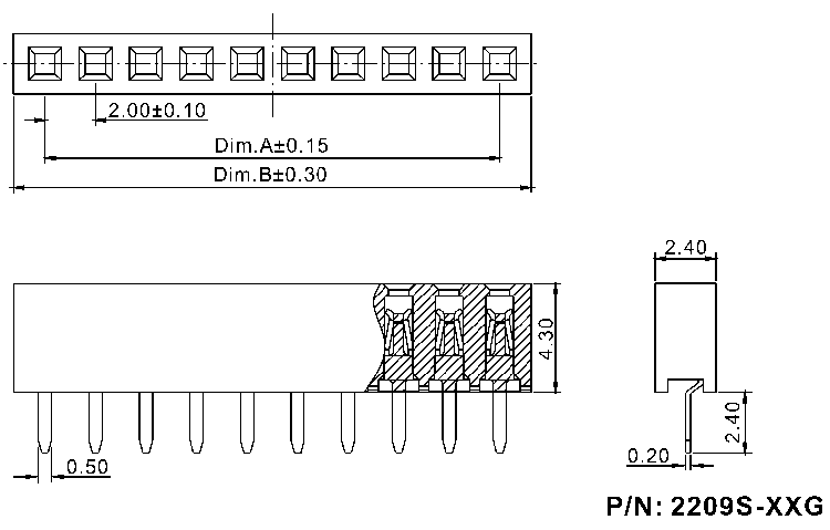 2209S-XXG (PBS2-XX, DS1026-01-1xXXS8BV) серия, розетки штыревые прямые однорядные на плату для монтажа в отверстия, шаг 2,0 мм, Соединители штыревые открытые плата/плата (межплатные штыревые линейки) и гнезда для них > шаг 2,0 мм