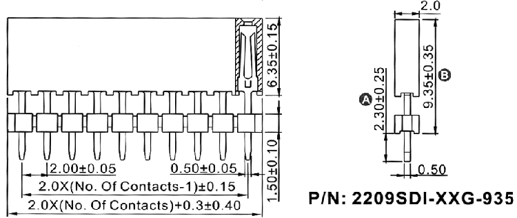 2209SDI-XXG-935 серия, розетки прямые однорядные с двойным изолятором на плату для монтажа в отверстия, шаг 2,0 мм, Соединители штыревые открытые плата/плата (межплатные штыревые линейки) и гнезда для них > шаг 2,0 мм