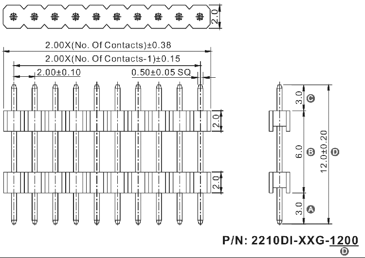 2210DI-XXG-1200 (PLH2-XX) серия, вилки штыревые открытые прямые однорядные с двойным изолятором на плату для монтажа в отверстия, шаг 2,0 мм, Соединители штыревые открытые плата/плата (межплатные штыревые линейки) и гнезда для них > шаг 2,0 мм