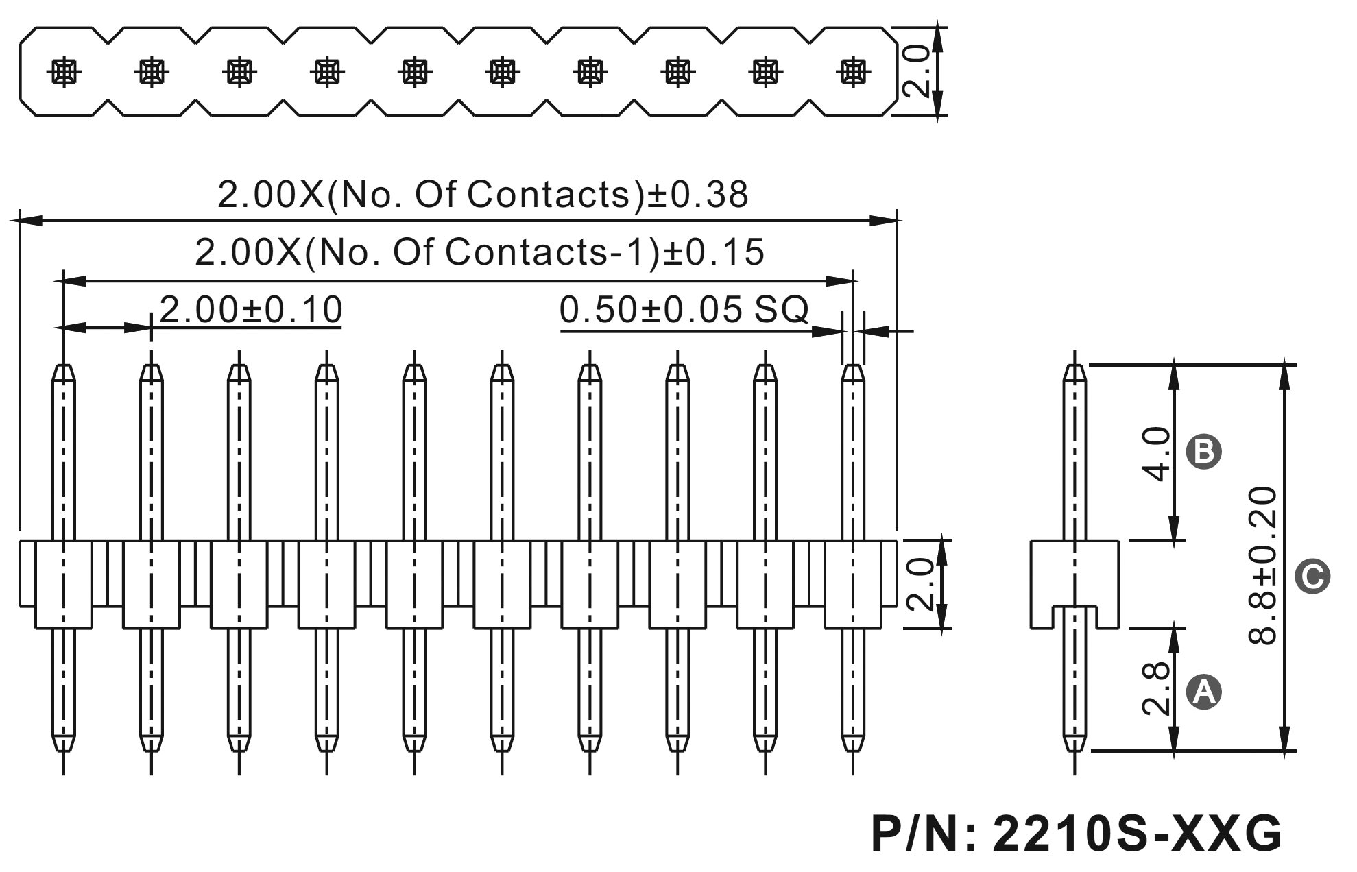 2210S-XXG-XXXX (PLS2-XX) серия, вилки штыревые открытые прямые однорядные на плату для монтажа в отверстия, шаг 2,0 мм, Соединители штыревые открытые плата/плата (межплатные штыревые линейки) и гнезда для них > шаг 2,0 мм