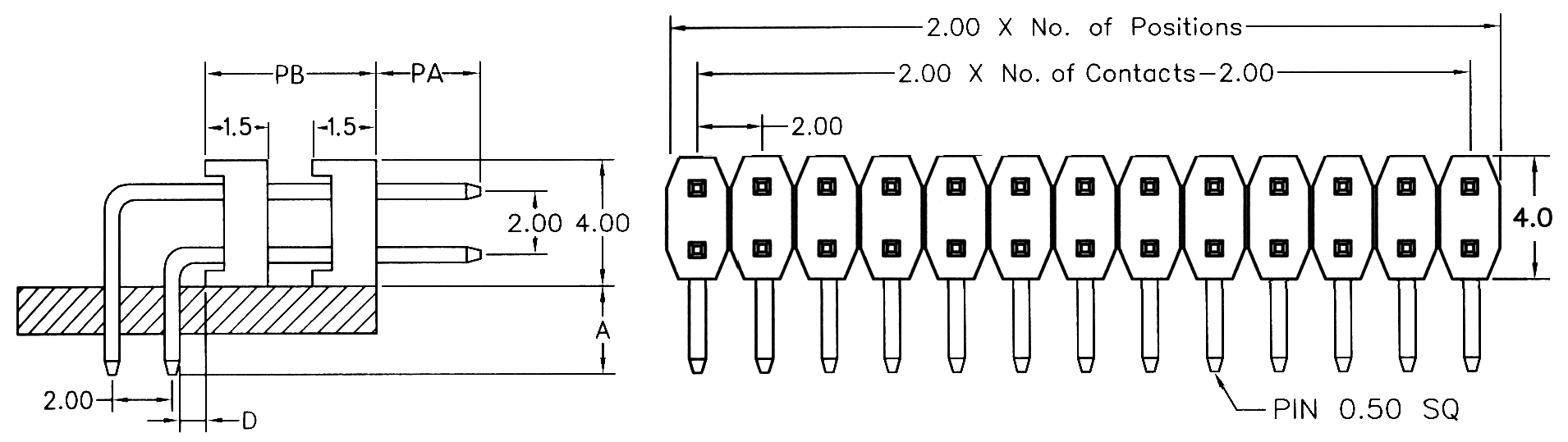 BL1315-22xxR1-1.5 серия, вилки штыревые двухрядные с двойным изолятором угловые, шаг 2,0x2,0 мм, Соединители штыревые открытые плата/плата (межплатные штыревые линейки) и гнезда для них > шаг 2,0x2,0 мм