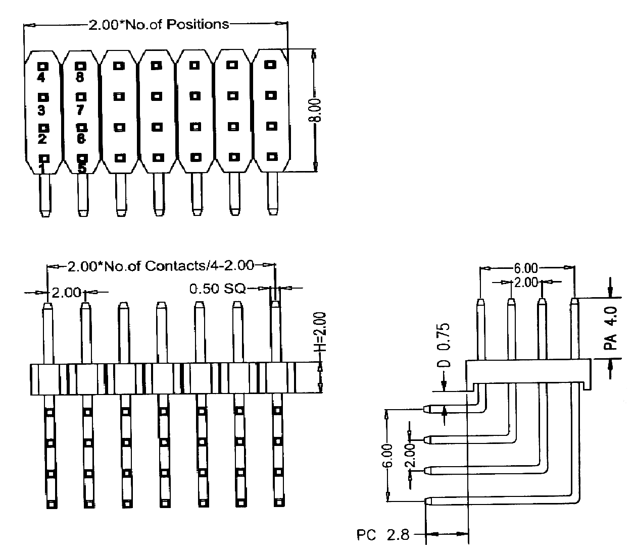 BL1320-14xxR-2.0 серия, вилки штыревые четырехрядные угловые, шаг 2,0x2,0 мм, Соединители штыревые открытые плата/плата (межплатные штыревые линейки) и гнезда для них > шаг 2,0x2,0 мм