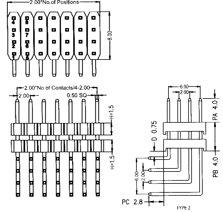 BL1315-24xxR2-1.5 серия, вилки штыревые четырехрядные угловые с двойным изолятором угловые, шаг 2,0x2,0 мм, Соединители штыревые открытые плата/плата (межплатные штыревые линейки) и гнезда для них > шаг 2,0x2,0 мм