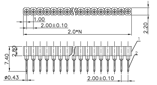 DS1002-02-1xXX серия, гнезда цанговые прямые однорядные для выводного монтажа, шаг 2,54 мм