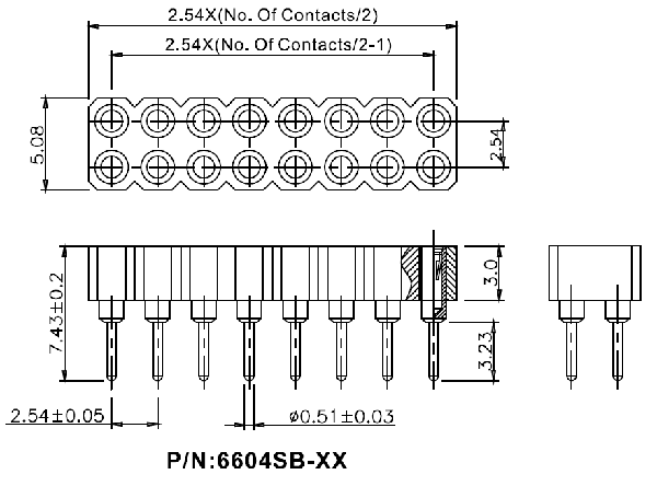 DS1002-01-2xXXV (SCDL-XX, PBDM-2xXX) серия, гнезда цанговые прямые двухрядные для выводного монтажа, шаг 2,54x2,54 мм