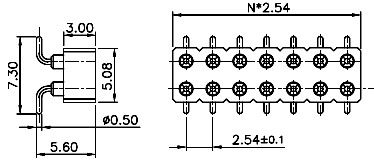DS1002-01-2xXXS (SCDL-XXSMT, PBDM-2xXXSMT) серия, гнезда цанговые прямые двухрядные для поверхностного (SMD) монтажа, шаг 2,54x2,54 мм