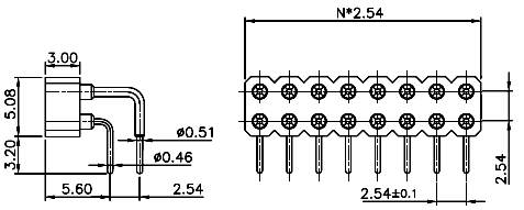 DS1002-01-2xXXR (SCDL-XXR, PBDM-2xXXR) серия, гнезда цанговые угловые двухрядные для выводного монтажа, шаг 2,54x2,54 мм