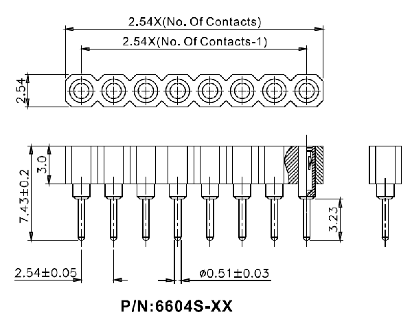 DS1002-01-1xXXV13 (SCSL-XX, PBSM-XX, SIP-XX) серия, гнезда цанговые прямые однорядные для выводного монтажа, шаг 2,54 мм
